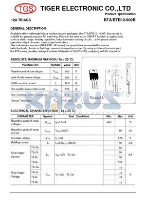 BTA12-600B datasheet - 12A TRIACS