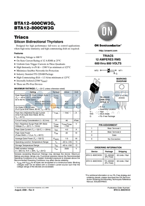BTA12-600CW3G datasheet - Triacs Silicon Bidirectional Thyristors