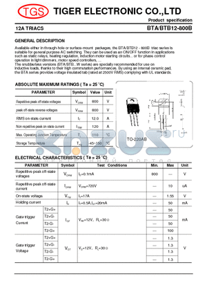 BTA12-800B datasheet - 12A TRIACS