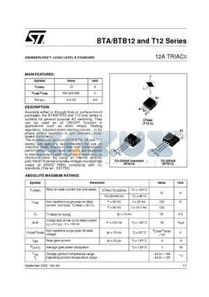 BTA12-800BWRG datasheet - 12A TRIACS