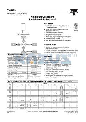 036RSP datasheet - ALUMINUM CAPACITORS RADIAL SEMI-PROFESSIONAL