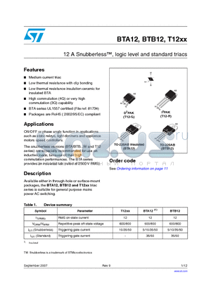 BTA12800BWRG datasheet - 12 A Snubberless, logic level and standard triacs