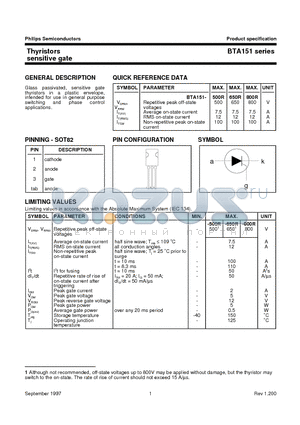 BTA151 datasheet - Thyristors sensitive gate