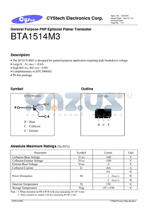 BTA1514M3 datasheet - General Purpose PNP Epitaxial Planar Transistor