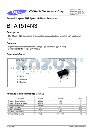 BTA1514N3 datasheet - General Purpose PNP Epitaxial Planar Transistor