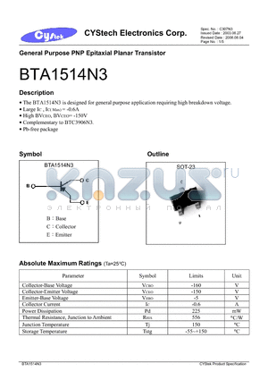 BTA1514N3 datasheet - General Purpose PNP Epitaxial Planar Transistor