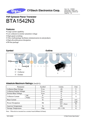 BTA1542N3 datasheet - PNP Epitaxial Planar Transistor