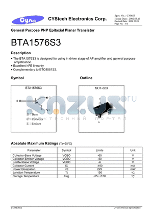 BTA1576S3 datasheet - General Purpose PNP Epitaxial Planar Transistor