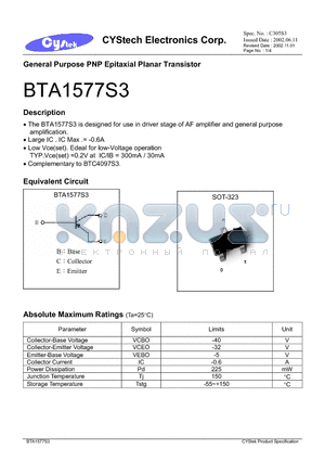 BTA1577S3 datasheet - General Purpose PNP Epitaxial Planar Transistor