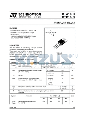BTA16-400B datasheet - STANDARD TRIACS