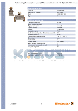 0380260000 datasheet - Earth terminal, 4 mmb, Screw connection, PA 66, TS 15