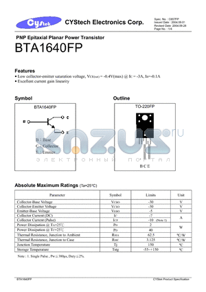 BTA1640FP datasheet - PNP Epitaxial Planar Power Transistor