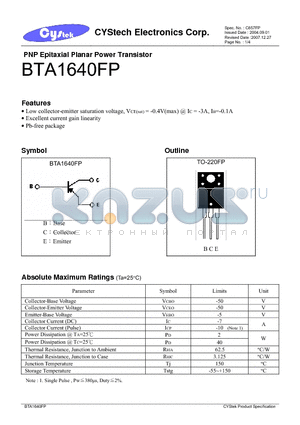 BTA1640FP_07 datasheet - PNP Epitaxial Planar Power Transistor