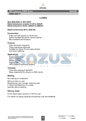 B82498F datasheet - SMT Inductors, SIMID Series SIMID 0805-F