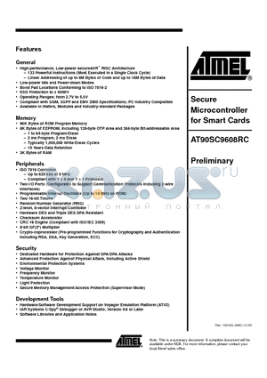 AT90SC9608RC datasheet - Secure Microcontroller for Smart Cards