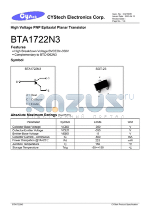 BTA1722N3 datasheet - High Voltage PNP Epitaxial Planar Transistor