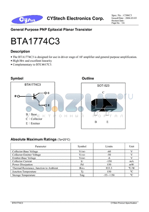BTA1774C3 datasheet - General Purpose PNP Epitaxial Planar Transistor