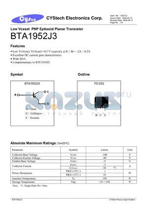BTA1952J3 datasheet - Low Vcesat PNP Epitaxial Planar Transistor