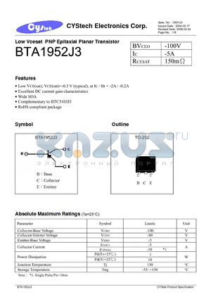 BTA1952J3 datasheet - Low Vcesat PNP Epitaxial Planar Transistor