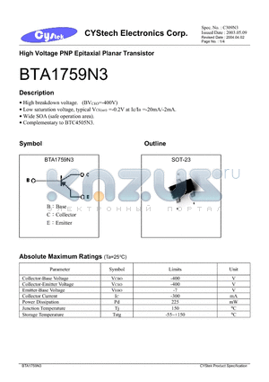 BTA1759N3 datasheet - High Voltage PNP Epitaxial Planar Transistor