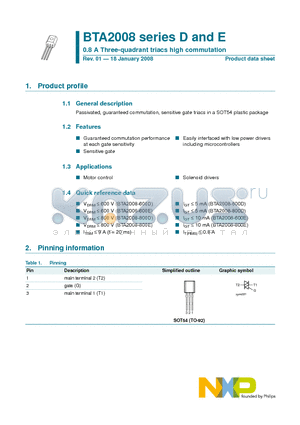 BTA2008-800D datasheet - 0.8 A Three-quadrant triacs high commutation