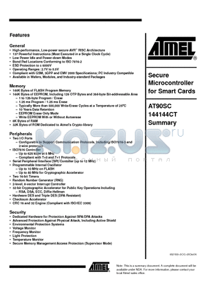 AT90SC144144CT datasheet - Secure Microcontroller for Smart Cards