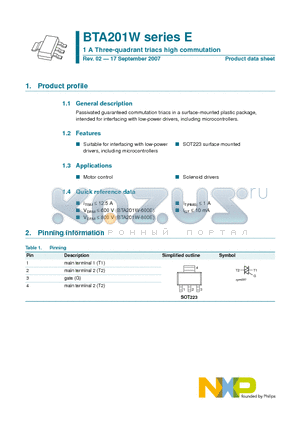 BTA201W-800E datasheet - 1 A Three-quadrant triacs high commutation