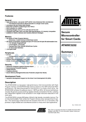 AT90SC3232 datasheet - SECURE MICOROCONTROLLER FOR SMART CARDS