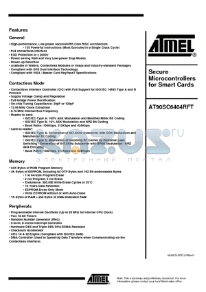 AT90SC6404RFT datasheet - Secure Microcontrollers for Smart Cards