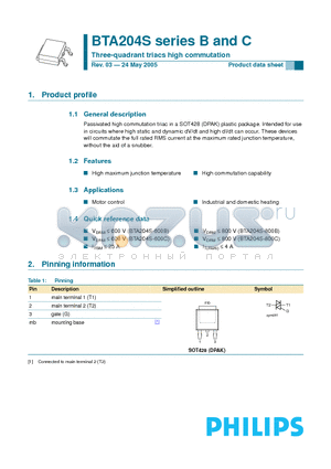 BTA204S-600B datasheet - Three-quadrant triacs high commutation