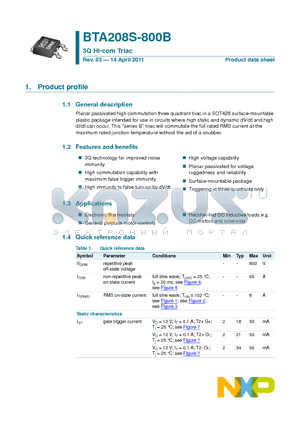 BTA208S-800B datasheet - 3Q Hi-Com Triac Triggering in three quadrants only