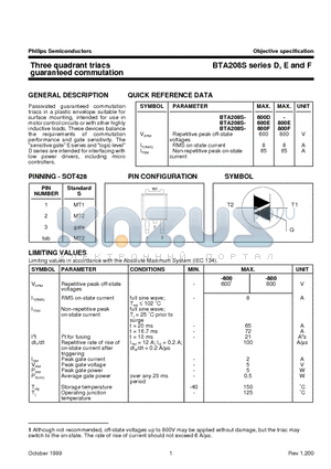 BTA208S-800E datasheet - Three quadrant triacs guaranteed commutation