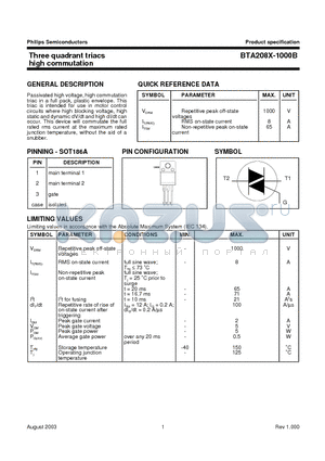 BTA208X-1000B datasheet - Three quadrant triacs high commutation