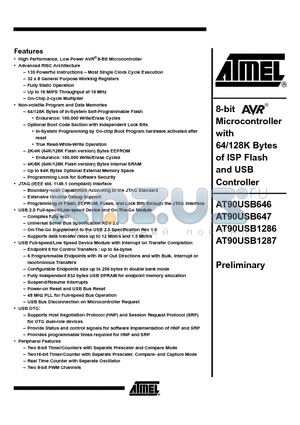 AT90USB646 datasheet - Microcontroller with 64/128K Bytes of ISP Flash and USB Controller