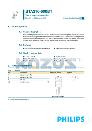 BTA216-600BT datasheet - Triacs high commutation