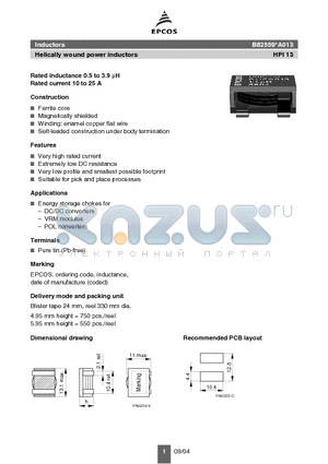 B82559A0501A013 datasheet - Helically wound power inductors