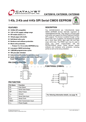 CAT25010YET3 datasheet - 1-Kb, 2-Kb and 4-Kb SPI Serial CMOS EEPROM