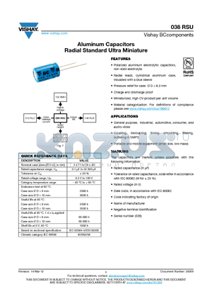 038RSU datasheet - Aluminum Capacitors Radial Standard Ultra Miniature