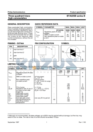 BTA225B-500C datasheet - Three quadrant triacs high commutation