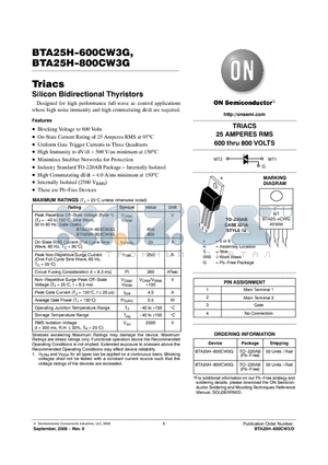 BTA25H-600CW3G datasheet - Triacs Silicon Bidirectional Thyristors