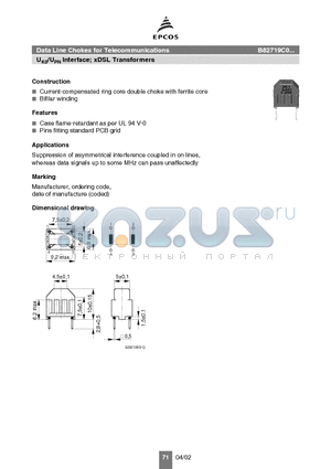 B82719C0106N365 datasheet - UK0/UPN Interface; xDSL Transformers