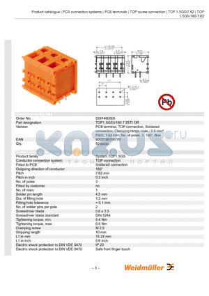 0391360000 datasheet - PCB terminal, TOP connection, Soldered connection, Clamping range, max.: 2.5 mmb, Pitch: 7.62 mm, No. of poles: 3, 180`, Box