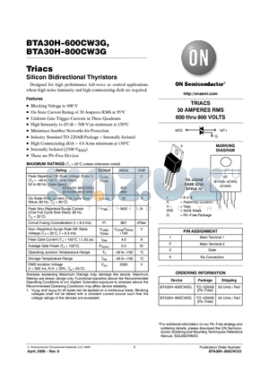BTA30H-800CW3G datasheet - Triacs Silicon Bidirectional Thyristors
