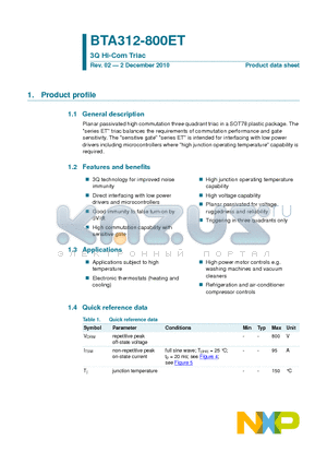 BTA312-800ET datasheet - 3Q Hi-Com Triac Triggering in three quadrants only