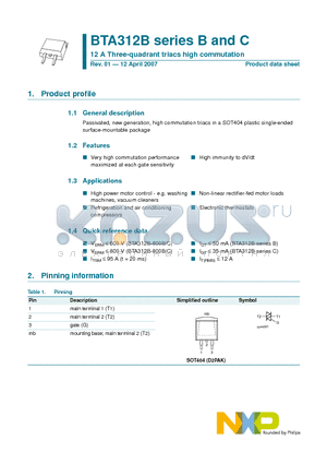 BTA312B-600B datasheet - 12 A Three-quadrant triacs high commutation