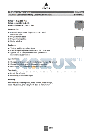 B82720-K2102-N40 datasheet - Chokes for Power Lines Current-Compensated Ring Core Double Chokes