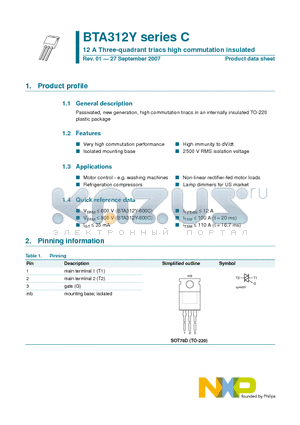 BTA312Y datasheet - 12 A Three-quadrant triacs high commutation insulated