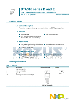 BTA316-600D datasheet - 16 A Three-quadrant triacs high commutation