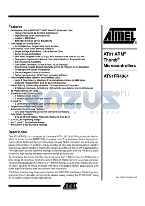 AT91FR4081 datasheet - AT91 ARM Thumb Microcontrollers