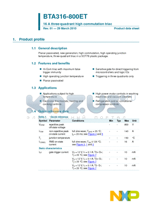 BTA316-800ET datasheet - 16 A three-quadrant high commutation triac